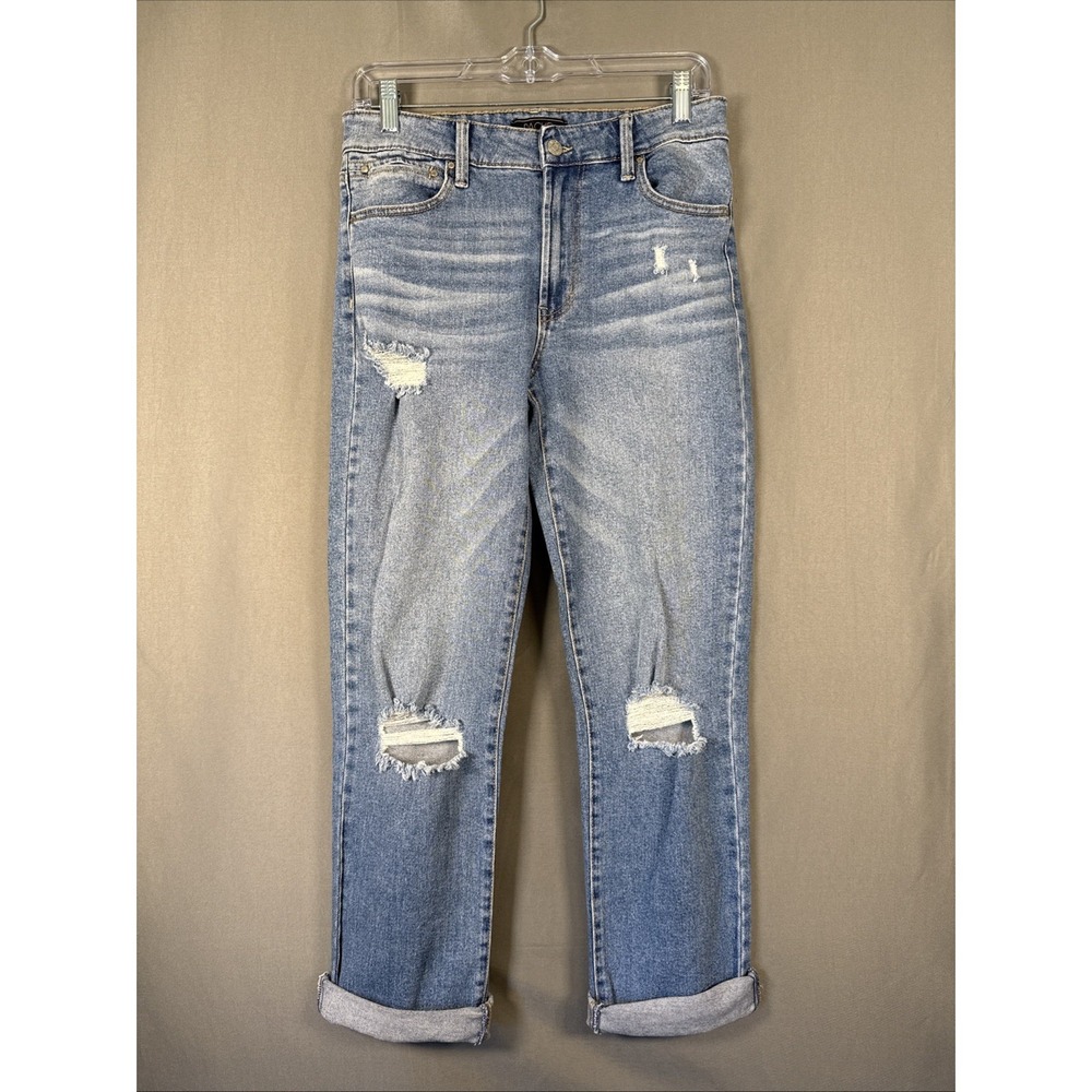 Rachel Roy Jeans Women's 6 Blue Cotton Denim Straight Cuffed Distressed Stretch